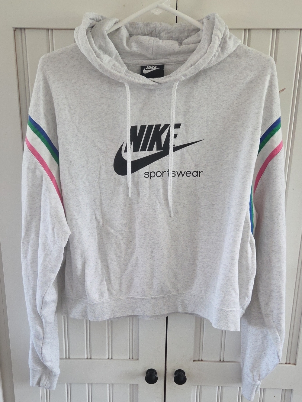 Nike Women's Light Gray Logo  Cropped Hoodie with Pink & Green Stripe Detail M